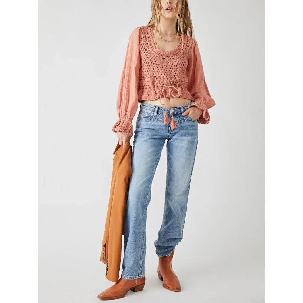 FREE PEOPLE Megan Crochet Top Shirt / Coral Sand S